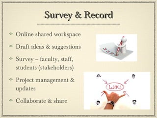 Survey & Record Online shared workspace  Draft ideas & suggestions Survey – faculty, staff, students (stakeholders) Project management & updates Collaborate & share 
