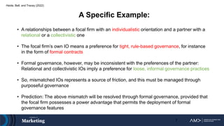 Heide, Bell, and Tracey (2022)
A Specific Example:
• A relationships between a focal firm with an individualistic orientation and a partner with a
relational or a collectivistic one
• The focal firm’s own IO means a preference for tight, rule-based governance, for instance
in the form of formal contracts
• Formal governance, however, may be inconsistent with the preferences of the partner:
Relational and collectivistic IOs imply a preference for loose, informal governance practices
• So, mismatched IOs represents a source of friction, and this must be managed through
purposeful governance
• Prediction: The above mismatch will be resolved through formal governance, provided that
the focal firm possesses a power advantage that permits the deployment of formal
governance features
7
 