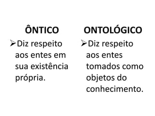 ÔNTICO
Diz respeito
aos entes em
sua existência
própria.

ONTOLÓGICO
Diz respeito
aos entes
tomados como
objetos do
conhecimento.

 