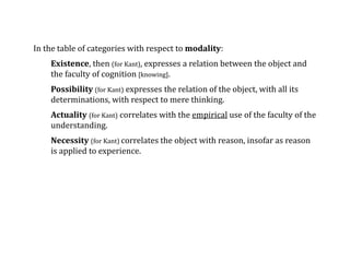 In the table of categories with respect to modality:
Existence, then (for Kant), expresses a relation between the object and
the faculty of cognition [knowing].
Possibility (for Kant) expresses the relation of the object, with all its
determinations, with respect to mere thinking.
Actuality (for Kant) correlates with the empirical use of the faculty of the
understanding.
Necessity (for Kant) correlates the object with reason, insofar as reason
is applied to experience.
 