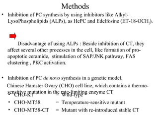 Methods
• Inhibition of PC synthesis by using inhibitors like Alkyl-
  LysoPhospholipids (ALPs), as HePC and Edelfosine (ET-18-OCH3).



       Disadvantage of using ALPs : Beside inhibition of CT, they
  affect several other processes in the cell, like formation of pro-
  apoptotic ceramide, stimulation of SAP/JNK pathway, FAS
  clustering , PKC activation.

• Inhibition of PC de novo synthesis in a genetic model.
  Chinese Hamster Ovary (CHO) cell line, which contains a thermo-
  sensitive mutation in the rate-limiting enzyme CT
  • CHO-K1                = Wild-type
  • CHO-MT58              = Temperature-sensitive mutant
  • CHO-MT58-CT = Mutant with re-introduced stable CT
 
