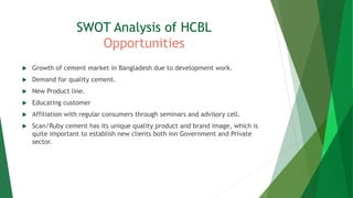 SWOT Analysis of HCBL
Opportunities
 Growth of cement market in Bangladesh due to development work.
 Demand for quality cement.
 New Product line.
 Educating customer
 Affiliation with regular consumers through seminars and advisory cell.
 Scan/Ruby cement has its unique quality product and brand image, which is
quite important to establish new clients both inn Government and Private
sector.
 