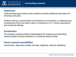 Page Title / heading goes here Concluding remarks Importance Understanding  how  students solve problems provides additional information for informing instruction. Problem solving in search-based and interactive environments is underpinned by competencies which are likely to grow in importance in 21 st  century educational and vocational settings. Contribution This research extends existing methodologies for analysing and describing student problem solving processes in a computer-based context. Future research possibilities Interventions, alternative models and data, adaptivity, external validations. 