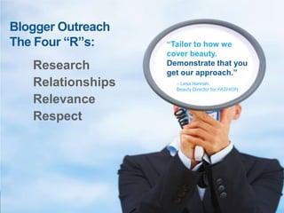 Blogger Outreach The Four “R”s:“Tailor to how we cover beauty. Demonstrate that you get our approach.”ResearchRelationshipsRelevance Respect– Lesa Hannah, Beauty Director for FASHION