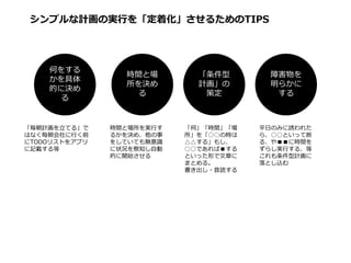 シンプルな計画の実行を「定着化」させるためのTIPS

何をする
かを具体
的に決め
る

「毎朝計画を立てる」で
はなく毎朝会社に行く前
にTODOリストをアプリ
に記載する等

時間と場
所を決め
る

時間と場所を実行す
るかを決め、他の事
をしていても無意識
に状況を察知し自動
的に開始させる

「条件型
計画」の
策定

「何」「時間」「場
所」を「○○の時は
△△する」もし、
○○であれば■する
といった形で文章に
まとめる。
書き出し・音読する

障害物を
明らかに
する

平日のみに誘われた
ら、○○といって断
る、や■■に時間を
ずらし実行する、等
これも条件型計画に
落とし込む

 