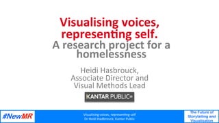 Visualising	voices,	represen1ng	self		
Dr	Heidi	Hadbrouck,	Kantar	Public	
The Future of
Storytelling and
Visualisation
	
	
Visualising	voices,	
represen1ng	self.		
	
and	housing	charity		
Heidi	Hasbrouck,		
Associate	Director	and		
Visual	Methods	Lead	
A	research	project	for	a	
homelessness	
 