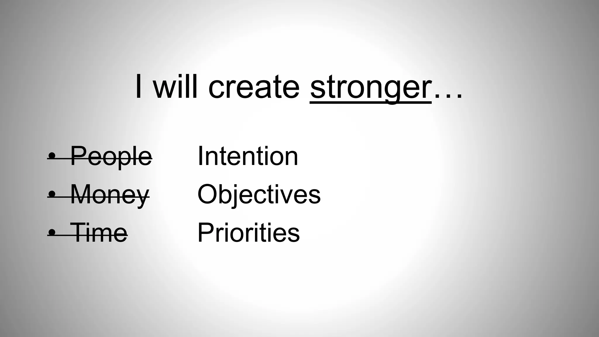 • People Intention
• Money Objectives
• Time Priorities
I will create stronger…
 