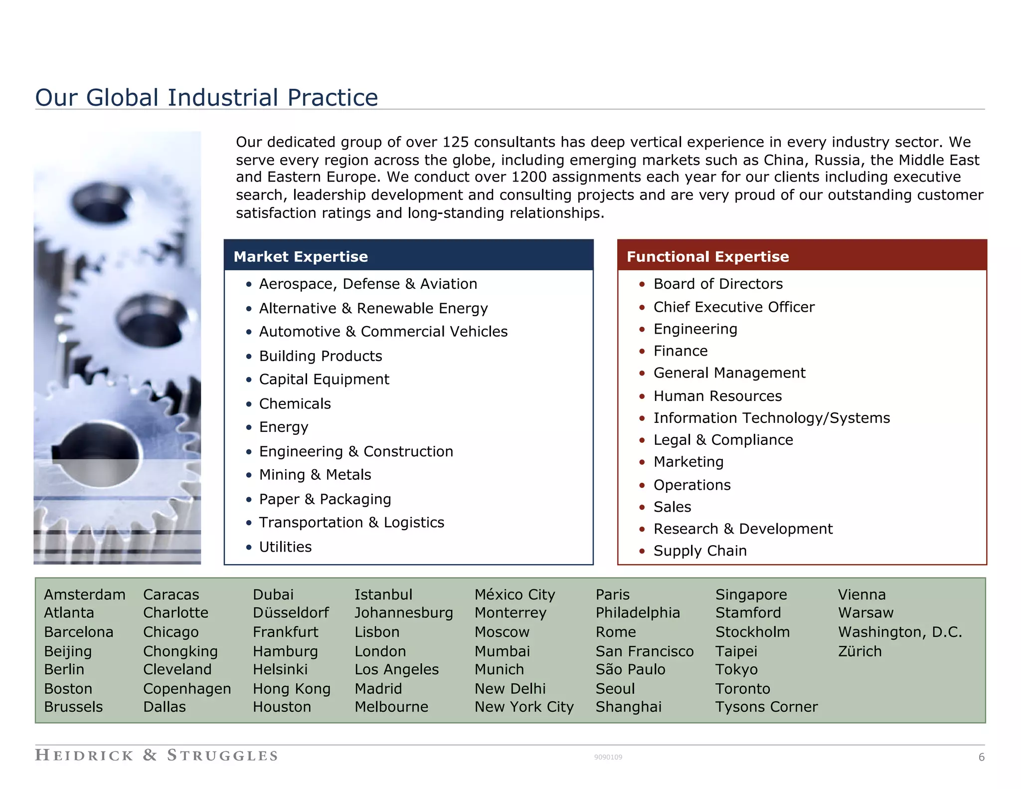 Our Global Industrial Practice
                         Our dedicated group of over 125 consultants has deep vertical experience in every industry sector. We
                         serve every region across the globe, including emerging markets such as China, Russia, the Middle East
                         and Eastern Europe. We conduct over 1200 assignments each year for our clients including executive
                         search, leadership development and consulting projects and are very proud of our outstanding customer
                         satisfaction ratings and long-standing relationships.


                         Market Expertise                                          Functional Expertise
                          • Aerospace, Defense & Aviation                           • Board of Directors
                          • Alternative & Renewable Energy                          • Chief Executive Officer
                          • Automotive & Commercial Vehicles                        • Engineering
                          • Building Products                                       • Finance
                          • Capital Equipment                                       • General Management
                                                                                    • Human Resources
                          • Chemicals
                                                                                    • Information Technology/Systems
                          • Energy
                                                                                    • Legal & Compliance
                          • Engineering & Construction
                                                                                    • Marketing
                          • Mining & Metals
                                                                                    • Operations
                          • Paper & Packaging
                                                                                    • Sales
                          • Transportation & Logistics                              • Research & Development
                          • Utilities                                               • Supply Chain


Amsterdam   Caracas        Dubai         Istanbul        México City      Paris                 Singapore       Vienna
Atlanta     Charlotte      Düsseldorf    Johannesburg    Monterrey        Philadelphia          Stamford        Warsaw
Barcelona   Chicago        Frankfurt     Lisbon          Moscow           Rome                  Stockholm       Washington, D.C.
Beijing     Chongking      Hamburg       London          Mumbai           San Francisco         Taipei          Zürich
Berlin      Cleveland      Helsinki      Los Angeles     Munich           São Paulo             Tokyo
Boston      Copenhagen     Hong Kong     Madrid          New Delhi        Seoul                 Toronto
Brussels    Dallas         Houston       Melbourne       New York City    Shanghai              Tysons Corner


                                                                         9090109                                                   6
 