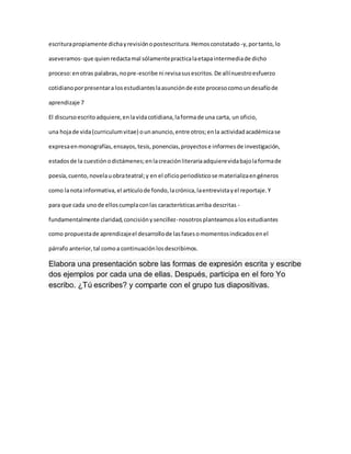 escritura propiamente dicha y revisión o postescritura. Hemos constatado -y, por tanto, lo 
aseveramos- que quien redacta mal sólamente practica la etapa intermedia de dicho 
proceso: en otras palabras, no pre-escribe ni revisa sus escritos. De allí nuestro esfuerzo 
cotidiano por presentar a los estudiantes la asunción de este proceso como un desafío de 
aprendizaje 7 
El discurso escrito adquiere, en la vida cotidiana, la forma de una carta, un oficio, 
una hoja de vida (curriculum vitae) o un anuncio, entre otros; en la actividad académica se 
expresa en monografías, ensayos, tesis, ponencias, proyectos e informes de investigación, 
estados de la cuestión o dictámenes; en la creación literaria adquiere vida bajo la forma de 
poesía, cuento, novela u obra teatral; y en el oficio periodístico se materializa en géneros 
como la nota informativa, el artículo de fondo, la crónica, la entrevista y el reportaje. Y 
para que cada uno de ellos cumpla con las características arriba descritas - 
fundamentalmente claridad, concisión y sencillez- nosotros planteamos a los estudiantes 
como propuesta de aprendizaje el desarrollo de las fases o momentos indicados en el 
párrafo anterior, tal como a continuación los describimos. 
Elabora una presentación sobre las formas de expresión escrita y escribe 
dos ejemplos por cada una de ellas. Después, participa en el foro Yo 
escribo. ¿Tú escribes? y comparte con el grupo tus diapositivas. 
 
