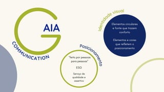 "feito por pessoas
para pessoas"
Serviço de
qualidade e
assertivo
ESG
Posicion
a
m
e
n
t
o
I
d
e
n
t
i
d
ade visual
Elementos circulares
e fonte que trazem
conforto
Elementos e cores
que refletem o
posicionamento
 