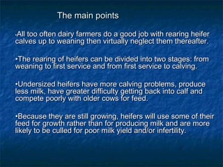 The main pointsThe main points
••All too often dairy farmers do a good job with rearing heiferAll too often dairy farmers do a good job with rearing heifer
calves up to weaning then virtually neglect them thereafter.calves up to weaning then virtually neglect them thereafter.
••The rearing of heifers can be divided into two stages: fromThe rearing of heifers can be divided into two stages: from
weaning to first service and from first service to calving.weaning to first service and from first service to calving.
••Undersized heifers have more calving problems, produceUndersized heifers have more calving problems, produce
less milk, have greater difficulty getting back into calf andless milk, have greater difficulty getting back into calf and
compete poorly with older cows for feed.compete poorly with older cows for feed.
••Because they are still growing, heifers will use some of theirBecause they are still growing, heifers will use some of their
feed for growth rather than for producing milk and are morefeed for growth rather than for producing milk and are more
likely to be culled for poor milk yield and/or infertility.likely to be culled for poor milk yield and/or infertility.
 