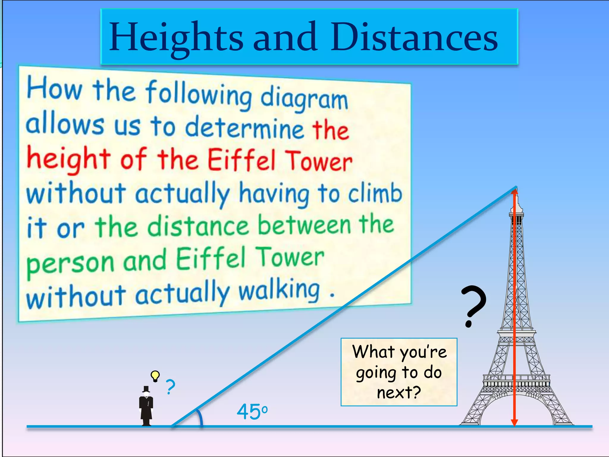 Heights and Distances




                           ?
             What you’re
             going to do
   ?            next?
       45o
 