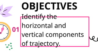 OBJECTIVES
Identify the
horizontal and
vertical components
of trajectory.
01
 