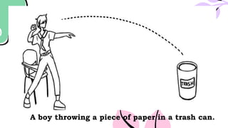 A boy throwing a piece of paper in a trash can.
 