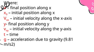 Where:
x – final position along x
x0 – initial position along x
Vox – initial velocity along the x-axis
y- final position along y
voy – initial velocity along the y-axis
t – time
g – acceleration due to gravity (9.81
m/s2)
 