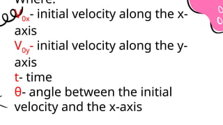 Where:
V0x- initial velocity along the x-
axis
V0y- initial velocity along the y-
axis
t- time
θ- angle between the initial
velocity and the x-axis
 