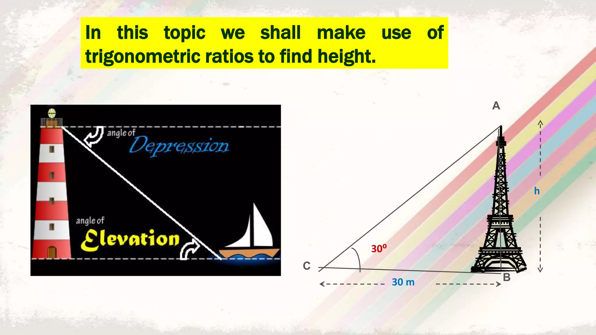 In this topic we shall make use of
trigonometric ratios to find height.
30⁰
30 m
h
A
B
C
 
