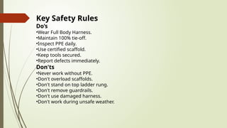 Key Safety Rules
Do’s
•Wear Full Body Harness.
•Maintain 100% tie-off.
•Inspect PPE daily.
•Use certified scaffold.
•Keep tools secured.
•Report defects immediately.
Don'ts
•Never work without PPE.
•Don't overload scaffolds.
•Don't stand on top ladder rung.
•Don't remove guardrails.
•Don't use damaged harness.
•Don't work during unsafe weather.
 