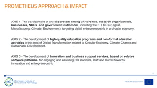 PROMETHEUS APPROACH & IMPACT
5
AXIS 1. The development of and ecosystem among universities, research organizations,
businesses, NGOs and government institutions, including the EIT KIC’s (Digital,
Manufacturing, Climate, Environment), targeting digital entrepreneurship in a circular economy.
AXIS 2 - The development of high-quality education programs and non-formal education
activities in the area of Digital Transformation related to Circular Economy, Climate Change and
Sustainable Development.
AXIS 3 - The development of innovation and business support services, based on relative
software platforms, for engaging and assisting HEI students, staff and alumni towards
innovation and entrepreneurship
 