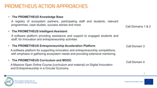 PROMETHEUS ACTION APPROACHES
7
• The PROMETHEUS Knowledge Base
A registry of ecosystem partners, participating staff and students, relevant
programmes, case studies, success stories and more
• The PROMETHEUS Intelligent Assistant
A software platform providing assistance and support to engaged students and
staff, for innovation and entrepreneurship activities
• The PROMETHEUS Entrepreneurship Acceleration Platform
A software platform for supporting innovation and entrepreneurship competitions,
with emphasis in gathering ecosystem needs and providing extensive mentoring
• The PROMETHEUS Curriculum and MOOC
A Massive Open Online Course (curriculum and material) on Digital Innovation
and Entrepreneurship in a Circular Economy
Call Domains 1 & 2
Call Domain 3
Call Domain 4
 