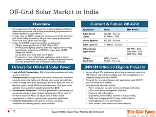 Off-Grid Solar Market in India
                          Overview                                                   Current & Future Off-Grid
 A key opportunity for solar power lies in decentralized and off-grid       Application            Units                    MW Power
  applications in remote and far-flung areas where grid penetration is
  neither feasible nor cost effective                                        Solar Street           125,000 - Current        -
 In India, close to 400 Mn people are not connected to the electricity      Lights                 20 Million - 2022
  grid, which makes the case for off-grid solar power production to
  reach rural areas all the more stronger                                    Home Systems           625,000 - Current        -
 Under the JNNSM, the government has set targets for
   Off-grid power production of 1000 MW by 2017                             Solar Lanterns         >1 Million - Current     -
   Providing solar lighting systems under the ongoing remote village
                                                                             Off-grid solar         -                        200 MW - 2013
      electrification programme of MNRE to cover about 10,000
      villages and hamlets                                                   applications                                    1000 MW - 2017
   Set up stand alone rural solar power plants                                                                              2000 MW - 2022
   Promotion of other off grid solar applications such as hybrid
                                                                             Villages               6800 - Current           -
      systems to meet power, heating and cooling energy requirements
      currently being met by use of diesel and other fossil fuels            Electrified            95,500 - Yet to be


  Drivers for Off-Grid Solar Power                                             JNNSM Off-Grid Eligible Projects
 Lack of Grid Connectivity: 40% of the Indian population still lacks         Various off-grid SPV applications which have a maximum capacity of
  access to the Grid                                                           100 kWp per site and decentralized solar thermal applications are
 Entrepreneurs: Entrepreneurs have come forward with innovative               eligible for being covered in JNNSM
  solutions to provide highly cost effective solar energy to rural India      Mini-grids for rural electrification with applications upto 250 kW
 Costs: A single-panel solar system goes for about $360, the same or          stand to benefit from JNNSM
  less than a year’s supply of black-market kerosene. And government          Some particular examples include:
  subsidies mean customers actually pay less than $300                          Power computers to assist learning in schools and hostels
 Government incentives: The Indian government is promoting the                 MIS to assist better management of forests
  use of solar energy in place of diesel because about 70 per cent of           Powering milk chilling plants
  the fuel is imported. About 15-20 per cent of India’s diesel                  Empowering women SHGs involved in Tussar reeling
  requirements is used for captive power generation applications                Cold chain management for Primary Health Centres
 Financial Incentives: Soft loans for projects, including a                    Street lighting and rural electrification
  component for working capital, capital subsidies                              Solar cookers, solar lanterns and heat collectors


  12                                           Source: MNRE, Indian Power Ministry, Street Research
 