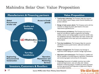 Mahindra Solar One: Value Proposition
 Manufacturers & Financing partners                                            Value Proposition
                                                                Total project planning: The Company helps the customer
Global                             Access to Credit              with site analysis, system design, project financial feasibility and
                                                                 product selection
Procurement                                 globally
of solar cells                                                  Design of solar power plants: The Company works with the
                 Quality and                                     customer to design the power plant based on the exact
                 Reliability                                     requirements specified by him

                                                                Procurement and delivery: The Company has access to
                                                                 large and cost-effective supply arrangements with leading
                                                                 module, inverter and racking suppliers around the world. It also
                                                                 has established important relationships with major vendors that
                                                                 provide the balance of the major parts and components to the
                                                                 solar projects
        Costs                       Service
                                                                Turn key installations: The Company helps the customer
                                                                 with Panel structure, panel inverter, cable and transformer
                                                                 installation

                                                                Project management: The Company may leverage its
                                                                 experience while helping the customer manage requirements
                   Turn Key
                 Installations                                  Operation and maintenance: The Company is qualified and
Engineering,                           Operation,                has the capability to provide long-term operations, maintenance
                                                                 and monitoring support and services for the systems
Procurement &                     Maintenance and
Construction                           Monitoring               Financing: Assessment of available incentives (tax credits,
                                         Services                accelerated depreciation, state and utility solar rebates)
                                                                 Evaluation of financing options, if needed (e.g. leases and power
   Investors, Customers & Resellers                              purchase agreements) and Preparation of paperwork; filing for
                                                                 non-tax based incentives
 17                         Source: MNRE, Indian Power Ministry, Street Research
 