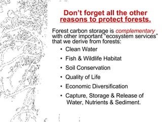 <ul><li>Don’t forget all the other  reasons to protect forests. </li></ul><ul><li>Forest carbon storage is  complementary ...