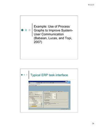 9/13/13
24
Example: Use of Process
Graphs to Improve System-
User Communication
(Babaian, Lucas, and Topi,
2007)
Typical ERP task interface
 