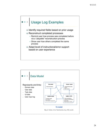 9/13/13
28
Usage Log Examples
¢  Identify required fields based on prior usage
¢  Reconstruct completed processes
l  Remind user how process was completed before
via a “playable” reconstruction process
l  Show user how others completed the same
process
¢  Adapt level of instructional/error support
based on user experience
Data Model
Represents and links:
o  Domain data
o  User data
o  Task data
o  UI data
o  User input log
 