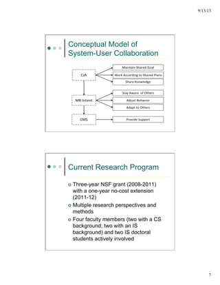 9/13/13
7
Conceptual Model of
System-User Collaboration
Current Research Program
¢  Three-year NSF grant (2008-2011)
with a one-year no-cost extension
(2011-12)
¢  Multiple research perspectives and
methods
¢  Four faculty members (two with a CS
background; two with an IS
background) and two IS doctoral
students actively involved
 