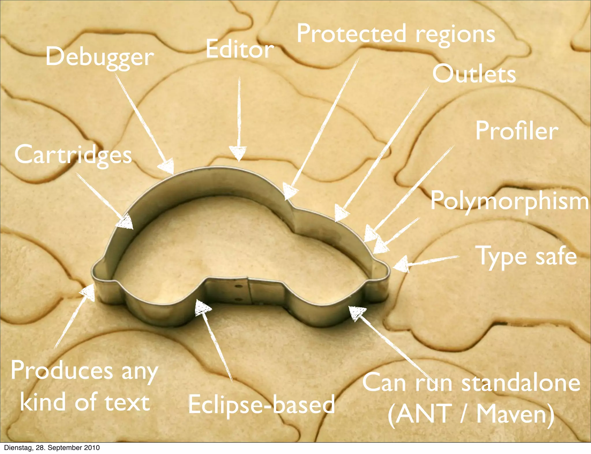 Type safe
Produces any
kind of text
Can run standalone
(ANT / Maven)
Debugger
Profiler
Eclipse-based
Editor
Protected regions
Cartridges
Outlets
Polymorphism
Dienstag, 28. September 2010
 