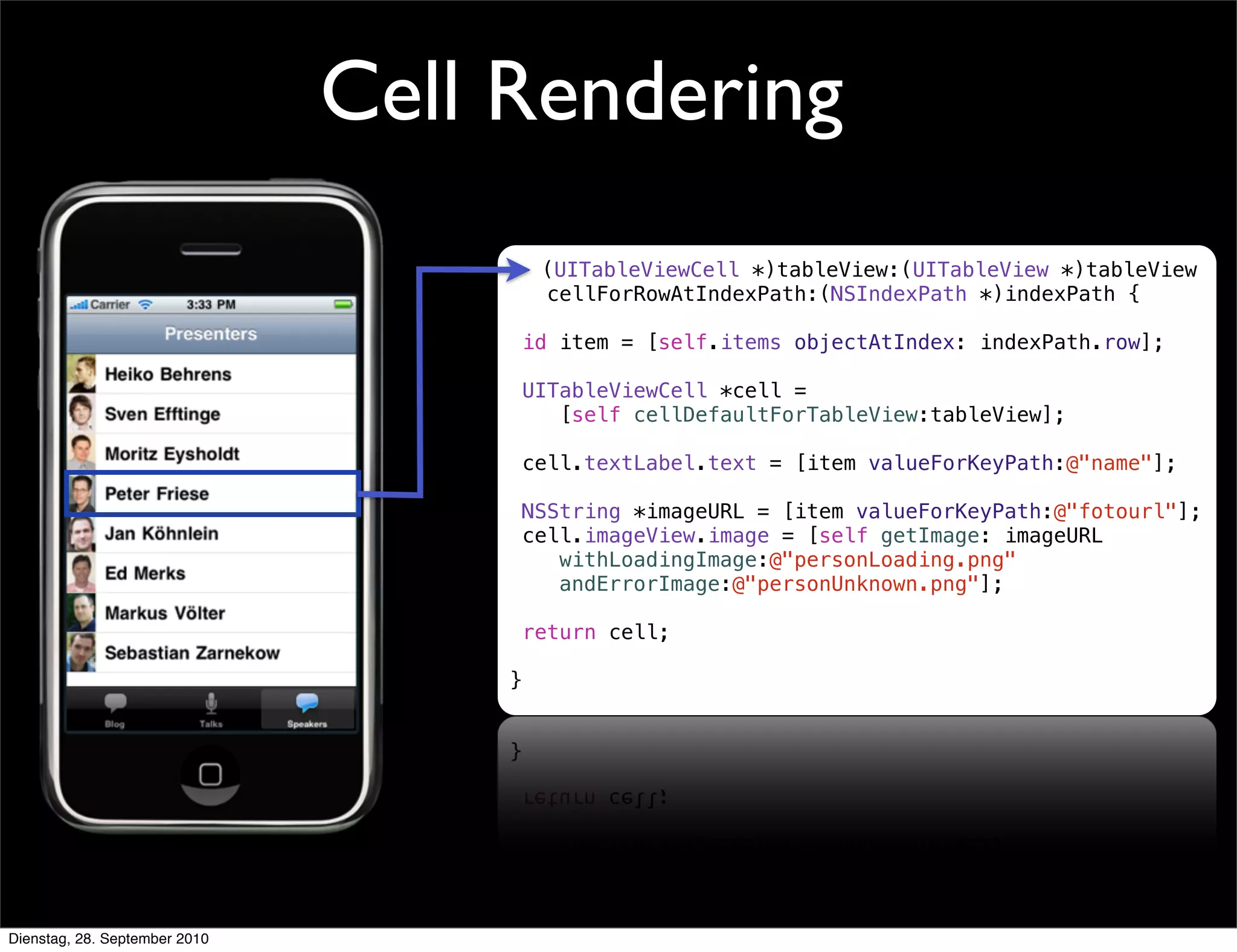 - (UITableViewCell *)tableView:(UITableView *)tableView
cellForRowAtIndexPath:(NSIndexPath *)indexPath {
!
id item = [self.items objectAtIndex: indexPath.row];
!
UITableViewCell *cell =
[self cellDefaultForTableView:tableView];
cell.textLabel.text = [item valueForKeyPath:@"name"];
!
NSString *imageURL = [item valueForKeyPath:@"fotourl"];
cell.imageView.image = [self getImage: imageURL
withLoadingImage:@"personLoading.png"
andErrorImage:@"personUnknown.png"];
return cell;
}
Cell Rendering
Dienstag, 28. September 2010
 