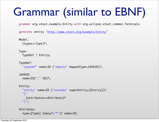 Grammar (similar to EBNF)
grammar org.xtext.example.Entity with org.eclipse.xtext.common.Terminals
generate entity "http://www.xtext.org/example/Entity"
Model:
(types+=Type)*;
Type:
TypeDef | Entity;
TypeDef:
"typedef" name=ID ("mapsto" mappedType=JAVAID)?;
JAVAID:
name=ID("." ID)*;
Entity:
"entity" name=ID ("extends" superEntity=[Entity])?
"{"
(attributes+=Attribute)*
"}";
Attribute:
type=[Type] (many?="*")? name=ID;
Dienstag, 28. September 2010
 