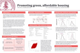 Promoting green, affordable housingEthan Heil // eheil@stanford.edu Civil + Environmental Engineering // Stanford University
ABSTRACT
LIFE CYCLE METRICS
ANALYZING THE DESIGN SPACE
The following variables were used to define the design space:
ACKNOWLEDGEMENTS
This research was inspired and enabled by the previous work of John Basbagill, PhD who has been a constant
source of advice and mentoring. Assistant Professor Michael Lepech, PhD has provided instrumental support and
feedback as the main advisor to this research. Bill Moffett, CM provided an invaluable link to professional practice
in the Architecture, Engineering and Construction industry and connected this research to the case study
presented. Kacey Callinan has also been an encouraging collaborator, sharing her unique experience and data.
Additional support was provided by the National Science Foundation Graduate Research Fellowship.
Each design decision (or combination of decisions) can be evaluated
based on potential contributions to life cycle costs and impacts. The
following comparisons illustrate how this analysis can inform decision-
making during the early, conceptual design stage
Construction costs
(material + labor costs)
Maintenance costs
Replacement costs
Utility costs
Construction material impacts
(embodied carbon emissions)
Replacement material impacts
(embodied carbon)
Utility-related emissions
Initial Phase Operational Phase
CostsImpacts
MODEL FRAMEWORK
This research aims to evaluate the long term cost and environmental
impacts of affordable, low-income housing. The motivation behind this
research is to develop a tool that will provide designers with feedback
regarding how design decisions affect life cycle costs and environmental
impacts.
As a means of providing this feedback, a model was developed to analyze
the potential design space available to architects during the early design
stage. This model leverages parametric design and life cycle assessment
techniques to systematically evaluate a design space of approximately
1024 unique designs. The results of this analysis allow potential design
choices to be assessed based on their life cycle costs and environmental
impacts. This enables designers to make more informed decisions at an
earlier point in the design process where this type of feedback has
historically been unavailable.
The evaluation of an affordable housing case study in San Francisco
highlights the tradeoffs that take place when designers seek to optimize
the disparate objectives of minimal life cycle cost and minimal life cycle
environmental impacts (as represented by total greenhouse gas
emissions). These results also provide examples of design alternatives
that could reduce both costs and impacts, leading to overall greener,
more affordable buildings.
Constant inputs remain unchanged
throughout the analysis and reflect
the site characteristics of a 6,200
square meter affordable housing
case study based in San Francisco,
CA. Parametric inputs are varied
using an automated design space
exploration routine. 100,000 unique
building designs were parametrically
defined and evaluated. The life cycle
environmental impacts and life cycle
costs of each of these designs are
presented in the graph to the left.
Although buildings with stone floors exhibit lower life cycle impacts than
buildings with carpet (left), they also reflect significantly higher life cycle
costs (right). A designer must therefore weigh the tradeoffs between
greener, less impactful materials and higher costs.
The figures above illustrate the distribution of life cycle impacts and costs
associated with cladding design choices. Stucco (red) exhibits significantly
lower impact (left) and slightly lower cost (right) profiles compared to
brick (blue). As such, stucco represents a greener design choice than brick
at no additional economic cost.
Constant inputs
Site variables
Parametric inputs
Geometric design variables
Parametric inputs
Component selection variables
Location (climate)
Service life
Program
Unit type
family or elderly
Unit size
Number of units
Substructure sizing
Utility metrics
Orientation
Building shape
Length
Width
Number of floors
Window-to-wall ratio (WWR)
Shading
Presence of overhangs
Overhang projection factor
Substructure system
Floor structure
Roof structure
Columns and beams
Cladding
Windows
Overhang material
Doors
Walls
Wall insulation
Wall finishes
Floor insulation
Floor finishes
ENABLING DESIGN DECISIONS
Stone floors
Carpet floors
Population average
A method for automated, parametric analysis of life cycle costs and
impacts was developed as illustrated below:
CladdingMaterialFlooringMaterial
Brick siding
Stucco siding
Population average
 