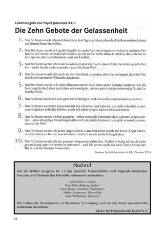 Nachruf
Seit der letzten Ausgabe Nr. 15 des Lisdorfer Heimatblattes sind folgende Mitglieder,
Freunde und Förderer des Heimatkundevereins verstorben:
Alfred Klein, Lisdorf
Rosa Klein-Rullang, Lisdorf
Irene Bleses- Günther, Fraulautern
Walter Jungmann, Holzmühle
Josef Wollscheid, Saarlouis
Wir halten die Verstorbenen in dankbarer Erinnerung und werden ihnen ein ehrendes
Andenken bewahren.
Verein für Heimatkunde Lisdorf e.V.
Berliner Schloß-Extrablatt Nr.82/ Oktober 2014
54
 