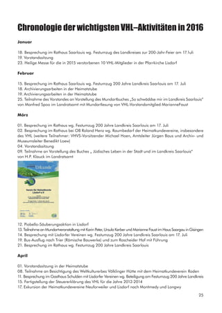 Chronologie der wichtigsten VHL–Aktivitäten in 2016
Januar
18. Besprechung im Rathaus Saarlouis wg. Festumzug des Landkreises zur 200-Jahr-Feier am 17.1uli
19. Vorstandssitzung
23. Heilige Messe für die in 2015 verstorbenen 10 VHL-Mitglieder in der Pfarrkirche Lisdorf
Februar
15. Besprechung im Rathaus Saarlouis wg. Festumzug 200 Jahre Landkreis Saarlouis am 17. Juli
18. Archivierungsarbeiten in der Heimatstube
19. Archivierungsarbeiten in der Heimatstube
25. Teilnahme des Vorstandes an Vorstellung des Mundartbuches „So schwäddse mir im Landkreis Saarlouis“
von Manfred Spoo im Landratsamt mit Mundartlesung von VHL-Vorstandsmitglied MarianneFaust
März
01. Besprechung im Rathaus wg. Festumzug 200 Jahre Landkreis Saarlouis am 17. Juli
02. Besprechung im Rathaus bei OB Roland Henz wg. Raumbedarf der Heimatkundevereine, insbesondere
des VHL (weitere Teilnehmer: VHVS-Vorsitzender Michael Hoen, Amtsleiter Jürgen Baus und Archiv- und
Museumsleiter Benedikt Loew)
04. Vorstandssitzung
09. Teilnahme an Vorstellung des Buches „ Jüdisches Leben in der Stadt und im Landkreis Saarlouis“
von H.P. Klauck im Landratsamt
12. Piobello-Säuberungsaktion in Lisdorf
13. Teilnahme an Mundartveranstaltung mit Karin Peter, Ursula Kerber und Marianne Faust im Haus Saargau in Gisingen
14. Besprechung mit Lisdorfer Vereinen wg. Festumzug 200 Jahre Landkreis Saarlouis am 17. Juli
19. Bus-Ausflug nach Trier (Römische Bauwerke) und zum Roscheider Hof mit Führung
21. Besprechung im Rathaus wg. Festumzug 200 Jahre Landkreis Saarlouis
April
01. Vorstandssitzung in der Heimatstube
08. Teilnahme an Besichtigung des Weltkulturerbes Völklinger Hütte mit dem Heimatkundeverein 	Roden
11. Besprechung im Gasthaus Schulden mit Lisdorfer Vereinen wg. Beteiligung am Festumzug 200 Jahre Landkreis
15. Fertigstellung der Steuererklärung des VHL für die Jahre 2012-2014
17. Exkursion der Heimatkundevereine Neuforweiler und Lisdorf nach Montmedy und Longwy
25
 