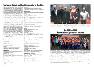 In der Stadt Saarlouis existieren derzeit 7 Heimat- und
Geschichtsvereine und eine Geschichtswerkstatt.
Diese Vereine sind noch relativ jung. Sie wurden vor
15–20 Jahren gegründet. Lediglich der Verein für
Heimatkunde Lisdorf e.V. (VHL) wurde bereits 1997
von 37 Heimatfreunden gegründet. Innerhalb seiner
ersten 10 Jahre erreichte er eine Mitgliederzahl von
annähernd 700, wobei etwa 15 % aus benachbar-
ten Orten und fernab gelegenen Städten und Ge-
meinden kamen. Derzeit beträgt die Mitgliederzahl
des VHL 584. Mit Ausnahme der Innenstadt und
dem Steinrausch gibt es in allen Stadtteilen Hei-
mat- und Geschichtsvereine. In der Innenstadt gibt
es allerdings eine kleine Geschichtswerkstatt und
in Roden sogar zwei Vereine. Seit dem 24.4.2014
sind die Saarlouiser Ortsvereine im „Verband der
heimatkundlich-historischen Vereine in Saarlou-
is e.V. (VHVS)“ zusammengeschlossen. Sowohl die
meisten Saarlouiser Ortsvereine als auch der Stadt-
verband (VHVS) gehören dem Landesverband der
historisch-kulturellen Vereine des Saarlandes e.V.
(LHV) an mit Sitz im Landesarchiv in Saarbrücken.
Der LHV wurde am 7.11.2004 von 34 saarländi-
schen Ortsvereinen gegründet. Die Vereinigung für
die Heimatkunde im Landkreis Saarlouis mit Sitz
im Landratsamt ist kein Dachverband. Sie existiert
schon seit knapp 70 Jahren. Sie beschäftigt sich
schwerpunktmäßig mit Ahnenforschung. Ihr gehö-
ren fast 900 Mitglieder an.
Die Saarlouiser Heimat- und Geschichtsvereine im
Einzelnen:
Beaumarais
Verein für Mundart und Geschichte Beaumarais
Mitglieder: 30
Ehrenvorsitzender: Walter Löffler
Vorsitzender: Jürgen Baus
Anschrift:
Blumenstr. 3, 66740 Saarlouis-Beaumarais
Tagungslokal: Dorfhaus (im Privatbesitz)
Fraulautern
Verein für Geschichte und Heimatkunde Saarlou-
is-Fraulautern e.V. (VGHF)
Mitglieder: 56
Vorsitzender: Guido Fontaine
Anschrift: Jahnstr. 93, 66740 Saarlouis-Fraulautern
Tagungslokal: Torhaus Soubis
Lisdorf
Verein für Heimatkunde Lisdorf e.V. (VHL)
Mitglieder: 584
Vorsitzender: Heiner Groß
Anschrift:
Am Ginsterberg 13, 66740 Saarlouis-Lisdorf
Tagungslokal: Heimatstube in der Prof.-Ecker-Schule
Neuforweiler
Verein für Heimatkunde Saarlouis-Neuforweiler e.V.
(VHN)
Mitglieder: 97
Vorsitzender: Michael K. Hoen
Anschrift:
Wadgasser Str. 1, 66740 Saarlouis-Neuforweiler
Tagungslokal: Örtliche Gastwirtschaften
Picard
Heimat- und Geschichtsverein Picard e.V. (HGP)
Mitglieder: 75
Vorsitzende: Monika Gladel
Anschrift: Dorfstraße 84, 66740 Saarlouis-Picard
Tagungslokal: Gasthaus Koch (Vereinsraum)
Roden
Rodener Geschichtskreis e.V. (RGK)
Mitglieder: 80
Vorsitzender: Alois Rau
Anschrift:
Lindenstr. 10A, 66740 Saarlouis-Roden
Tagungslokal: Rodener Heimatstuben im Dona-
tus-Zentrum
Rodena – Heimatkundeverein Roden e.V. (RHVR)
Mitglieder: 66
Vorsitzende: Rosa-Maria Kiefer-Paulus
Anschrift:
Heiligenstr. 20, 66740 Saarlouis-Roden
Tagungslokal: Örtliche Gastwirtschaften
Saarlouis-Innenstadt
Saarlouiser Geschichtswerkstatt (SGW)
Mitglieder: 6
Vorsitzender: Gabriel Mahren
Anschrift:
Dora-Dimel-Str., 66740 Saarlouis-Beaumarais
Tagungslokal: Örtliche Gastwirtschaften
Stadtverband Saarlouis
Verband der heimatkundlich-historischen Vereine in
Saarlouis e.V. (VHVS)
Mitglieder: 994
Vorsitzender: Michael K. Hoen
Geschäftsführer: Benedikt Loew,
Städt. Museum, Alte-Brauerei-Str.
Tagungslokal: Lokalitäten der Ortsvereine
Saarlouiser Heimat- und Geschichtsvereine im Überblick
Am 30.März 2019
Lisdorf wieder „picobello“ machen
Am Freitag und Samstag, 29./30.März 2019 fin-
det der diesjährige Frühlingsputz für die Umwelt
im Rahmen der saarlandweiten „Picobello-Aktion“
unter Leitung des EVS statt. In unserer Stadt firmiert
die Aktion unter dem Motto „Saarlouis – wir räumen
auf“ unter der Leitung des NBS.
Der Heimatkundeverein Lisdorf ist schon von
Anbeginn – seit nunmehr 16 Jahren – dabei.
Ebenso die Feuerwehr Lisdorf und der CDU-Orts-
verband. Zunehmend engagieren sich auch weite-
re Vereine und umweltbewusste Privatpersonen an
dieser gemeinnützigen Aktion. Auch unsere Schule,
die Grundschule Prof. Ecker, sowie der Lisdorfer Kin-
dergarten haben sich in den letzten Jahren daran
beteiligt. Für diese findet die Aktion jeweils freitags
statt, dieses Jahr am 29.März 2019.
Wir rufen alle Lisdorfer auf, mit zu helfen Lisdorf „pi-
cobello“ zu machen.
Unser Lisdorfer EVS-Chef Georg Jungmann ist auch
wieder dabei. Zum Abschluss der Aktion sind alle
Helferinnen und Helfer aus unserer Stadt zum „Dan-
keschön“ bei Speis und Trank im NBS in der Zeppe-
linstraße herzlich eingeladen.
Vorstand der heimatkundlich-historischen Verein in Saarlouis e.V. (VHVS)
V.l.: Vorsitzender Michael Hoen, Geshäftsführer Benedikt Loew, stellv. Vorsitzender Heiner Groß, Schriftfüh-
rerin Monika Gladel, Schatzmeisterin Rosa-Maria Kiefer-Paulus, Pressereferentin Nadja Ney, stellv. Vorsit-
zender Jürgen Baus
20 21
 