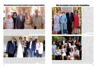 VHL-Vorständler feierten ihre Ehejubiläen
Am 29. Juni feierten Hans
Podewin und Marianne geb.
Strauß aus Lisdorf ihre „Di-
amantene Hochzeit“ für 60
Ehejahre. Hans stammt aus
Saarbrücken und wohnt seit
der Hochzeit mit Marianne in
Lisdorf. Kurz nach der Ehe-
gründung und der Geburt der
beiden Töchtern engagierte sich
Hans im örtlichen Vereinsleben.
So im Berg- und Hüttenarbei-
terverein dessen Vorsitzender
er seit 50 Jahren ist, der Chor-
gemeinschaft MGV 1859, der
SPD, dem Spielmannszug, als
Schiedsmann und dem VHL,
dessen Vorstand er seit mehr als
20 Jahren angehört. Für seine
Verdienste wurde er 2012 mit
der Bundesverdienstmedail-
le ausgezeichnet.VHL-Vorsit-
zender Heiner Groß gratulierte
Hans und Marianne an ihrem
Ehrentag.			
	 Foto: Harald Weiler
Am 3. August feierten
VHL-Vorsitzender Heiner Groß
und Marie-Luise geb. Horn ihre
„Goldene Hochzeit“ im engsten
Familienkreis, der – wie das Foto
zeigt – immerhin aus 16 Perso-
nen besteht. Heiner stammt aus
dem Lisdorfer Ortsteil Holz-
mühle, Marie-Luise aus Nier-
stein am Rhein bei Mainz. Sie
ist Grund- und Hauptschulleh-
rerin und war nach Schulen in
Saarburg und Fraulautern zu-
letzt mehr als 20 Jahre Rektorin
in Neuforweiler und Beauma-
rais. Heiner ist Diplom-Agra-
ringenieur und war als Referent
für Bewertung und Besteue-
rung der Land- und Forstwirt-
schaft überwiegend bei der OFD
Saarbrücken und zuletzt im Fi-
nanzministerium tätig. Neben-
beruflich ist er mehr als 60 Jahre
tätig, so in JU, CDU, 41 Jahre Stadtrat, ehrenamtlicher Beigeordneter, in Pfarrgremien, mehreren Vereinen und seit
22 Jahren VHL-Vorsitzender. 2002 wurde Heiner mit dem Bundesverdienstkreuz und der Freiherr vom Stein Me-
daille ausgezeichnet. Für den VHL gratulierte Vorstandsmitglied Agnes Groß ihrem Bruder und ihrer Schwägerin.
Heimatkundeverein Lisdorf gratuliert seinen Jungvermählten
Am 31.August 2019 wurden Andrea Jacob aus Saarlouis und Markus Putze aus Roden in der Lisdorfer Pfarrkir-
che von dem aus Roden stammenden Pastor Dr. Dillschneider getraut. Andrea ist die Tochter von Jürgen Jacob und
Elisabeth geb. Faust. Markus stammt aus der Rodener Bäcker Dynastie Putze. Beide haben Betriebswirtschaftsleh-
re studiert Andrea ist derzeit als Steuerberaterin und Wirtschaftsprüferin bei einer Düsseldorfer Gesellschaft tätig.
Markus ist bei der Lisdorfer Firma Rietmann für das Auslandsgeschäft zuständig. Nach der Trauung gratulierten
für den VHL (v.l.n.r.) Maria Kunzler, Doris Freichel und Heiner Groß.
Am 7.September 2019 wurden Andrea Rolle aus Lisdorf-Holzmühle und Prof.Dr. David Rapp aus Saarbrücken in
der Kirche St. Gangolf in Mettlach von Diakon Christoph Nenno von der Pfarreiengemeinschaft Saarlouis links der
Saar getraut. Andrea ist die Tochter von Ingo Rolle und Elisabeth geb. Klein, wohnhaft in Lisdorf-Holzmühle. Beide
haben Betriebswirtschaftslehre studiert. Andrea ist Dozentin und arbeitet derzeit an ihrer Doktorarbeit, David ist seit
kurzem Professor an einer Pariser Universität. Nach der kirchlichen Trauung gratulierten für den VHL (v.l.n.r.) Hei-
ner Groß, Georg Jungmann (auch für den CDU-Vorstand Lisdorf) und Herbert Germann. Fotos: Harald Weiler
32 33
 