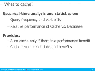 Click to edit Master title style
Copyright © 2016 Heimdall Data, Inc.| www.heimdalldata.comCopyright © 2018 Heimdall Data, Inc. www.heimdalldata.com 12
What to cache?
Uses real-time analysis and statistics on:
– Query frequency and variability
– Relative performance of Cache vs. Database
Provides:
– Auto-cache only if there is a performance benefit
– Cache recommendations and benefits
 