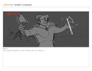 Notes
360 around Heimdall as he throws axes at zombies.
Heimdall storyboards
 