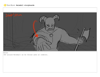 Notes
360 around Heimdall as he throws axes at zombies.
Heimdall storyboards
 