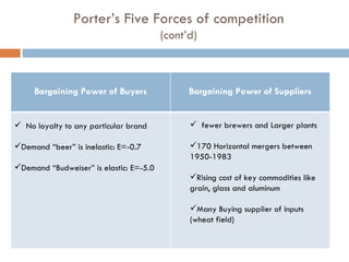 Porter’s Five Forces of competition (cont’d) No loyalty to any particular brand Demand “beer” is inelastic: E=-0.7 Demand “Budweiser” is elastic: E=-5.0 fewer brewers and Larger plants 170 Horizontal mergers between 1950-1983 Rising cost of key commodities like grain, glass and aluminum Many Buying supplier of inputs (wheat field) Bargaining Power of Buyers Bargaining Power of Suppliers 