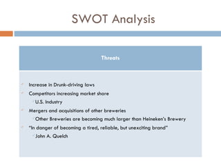 SWOT Analysis Threats Increase in Drunk-driving laws Competitors increasing market share  U.S. Industry Mergers and acquisitions of other breweries Other Breweries are becoming much larger than Heineken’s Brewery “ In danger of becoming a tired, reliable, but unexciting brand” John A. Quelch 