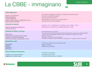 La CBBE - immaginario
Proﬁlo degli utenti
Uomini, tra i 34-40 anni
Attento all’estetica
Amante della birra
Uomini, anche giovani, appartenenti ad un
determinato ceto sociale
Situazioni di acquisto
Negozi specializzati di elettronica
Sito web The Sub
Situazioni di utilizzo e consumo
Dopo cena
Piccole feste o quando si hanno ospiti
Quando si vuole fare bella ﬁgura
Anche da soli dopo una giornata di lavoro
Personalità e valori
Compagnia
Estetica
Divertente
Soﬁsticato
Storia, tradizione ed esperienze
Legame con il brand Heineken
Legame con il brand Krups
Analisi Teorica
“Lo vedo per un bel ragazzo, sui 32 anni, che sta bene, ha una casa carina“
“Per uomini sui 30/40 anni è perfetto”
“Ideale per gli amanti della birra”
“Da universitario ci sta, però di un certo ceto sociale”
”Si propone ad uno che può spendere”
“Secondo me in supermercati di elettronica tipo Unieuro, Trony,
supermercati che ti consentono di acquistare prodotti per la casa”
“Per fare bella ﬁgura con gli amici”
“Io la vedo come una cosa di coppia che invita un’altra coppia a cena per una serata tranquilla”
“Il fatto di avere quell’aggeggio potrebbe essere il pretesto per invitare amici a casa”
“partita con amici ok”
“Da single, eccezionale per uso domestico”
“Da quando l’ho messo a casa nel mio bar di casa gli amici mi vengono a trovare tutti i giorni”
“Io The Sub lo vedo molto come una festa in casa”
“Spillare è divertente”
“Bellissimo ed eccezionale”
“L’Heineken è vista ﬁghetta”
”È la Nespresso per la birra”
“L’Heineken spillata dal Krups è fantastica”
12
 