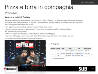 Il programma prescelto per il placement del prodotto è “E poi c'è Cattelan”, un talk show basato sul modello americano,
mandato in onda in seconda serata su Sky Uno. La prossima sarà la quarta stagione di messa in onda del programma.
Ecco le ragioni che motivano questa scelta:
• Ha registrato un aumento degli spettatori costante nel corso del tempo;
• Come esposto in precedenza, il presentatore è molto attivo sui social e conta 812K follower su Twitter;
• È riferito a un pubblico giovane;
• Offre una copertura molto ampia a livello temporale (da Gennaio a Maggio);
• Per metà della stagione, va in onda subito dopo Masterchef, programma scelto per la strategia generale;
• L'ambiente è molto semplice e ricorda quello domestico.
Micro Strategie
Pizza e birra in compagnia
Promotion
#epc...ts: e poi c'è il The Sub
Fonte: www.wikipedia.com
47
 