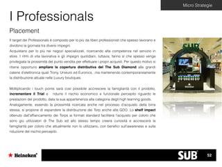 Micro Strategie
I Professionals
Placement
Il target dei Professionals è composto per lo più da liberi professionisti che spesso lavorano e
dividono la giornata tra diversi impegni.
Acquistano per lo più nei negozi specializzati, ricercando alta competenza nel servizio in
store. I ritmi di vita lavorativa e gli impegni quotidiani, tuttavia, fanno sì che spesso venga
privilegiata la prossimità del punto vendita per effettuare i propri acquisti. Per questo motivo si
ritiene opportuno ampliare la copertura distributiva del The Sub Diamond alle grandi
catene d’elettronica quali Trony, Unieuro ed Euronics, ,ma mantenendo contemporaneamente
la distribuzione attuale nelle Luxury boutiques.
Moltiplicando i touch points sarà così possibile accrescere la famigliarità con il prodotto,
incrementare il Trial e ridurre il rischio economico e funzionale percepito riguardo le
prestazioni del prodotto, data la sua appartenenza alla categoria degli high learning goods.
Analogamente, essendo la prossimità ricercata anche nel processo d’acquisto della birra
stessa, si propone di espandere la distribuzione dei Torp anche alla GDO. Lo shelf impact
ottenuto dall’afﬁancamento dei Torps ai formati standard faciliterà l’acquisto per coloro che
sono giù utilizzatori di The Sub ed allo stesso tempo creerà curiosità e accrescerà la
famigliarità per coloro che attualmente non lo utilizzano, con beneﬁci sull’awareness e sulla
riduzione del rischio percepito.
52
 