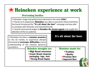 Heineken experience at work
      Heineken	
  image	
  and	
  performance	
  declined	
  in	
  the	
  early	
  1990s4.	
  
      Thanks	
  to	
  its	
  experience Heineken was	
  able	
  to	
  overcome	
  these	
  hard	
  Kmes:	
  
     the	
  brand	
  introduced	
  the	
  “It’s all about the beer” campaign	
  and	
  was	
  able	
  
     to	
  compete	
  with	
  domesKc	
  and	
  imported	
  brands.	
  
      	
  Several	
  commercials	
  began	
  to	
  broaden the brand appeal and	
  caught	
  the	
  
     aaenKon	
  of	
  the	
  Us	
  audience	
  	
  	
  	
  	
  	
  	
  	
  	
  	
  	
  	
  

 Heineken	
   has	
   been	
   a	
   constant presence                It’s all about the beer.
in	
   the	
   US	
   market,	
   its	
   experience	
   allowed	
  
the	
  brand	
  to	
  overcome difficulties and	
  its	
  
understanding	
   of	
   the	
   industry	
   dynamics	
  
resulted	
  in:	
  

                                   High Brand awareness                             Tradition
                                   Iconic Brand elements                             Quality
                                   (packaging, logo, font)                        Premium Beer
                                    Strong Brand Equity                          Imported Beer
 