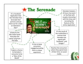 The Serenade                                                   Heineken	
  hosted	
  a	
  
   It’s	
  a	
  Facebook	
                                                                           24	
  hours	
  live	
  event	
  
  ApplicaKon	
  that	
                                                                                on	
  YouTube	
  with	
  
 lets	
  Heineken	
  fans	
                                                                          couples	
  interacKng	
  
   Serenade	
  their	
                                                                               with	
  the	
  show	
  and	
  
  partners	
  and	
  ask	
                                                                             recreaKng	
  the	
  
them	
  out	
  for	
  a	
  Date	
                                                                      features	
  of	
  the	
  
    on	
  ValenKne’s	
                                                                               online	
  ApplicaKon	
  
            Day10	
  

                                                                                    It’s	
  the	
  result	
  of	
  
 It	
  features	
  the	
                                                           the	
  mulKmillion	
  $	
  
60’s	
  Indian	
  band	
                                                              contract	
  that	
  
  that	
  plays	
  the	
  
                                                                                      Heineken	
  has	
  
catchy	
  song	
  from	
                                                               signed	
  with	
  
        The	
  Date	
                                                               Facebook11	
  and	
  
                                                                                            Google12	
  
                                         It	
  tries	
  to	
  keep	
  
                                              consumers	
  
                                       engaged	
  providing	
            Reaches	
  the	
  consumers	
  
     It	
  gives	
  a	
  chance	
        them	
  a	
  unique	
           where	
  they	
  spend	
  most	
  
       to	
  Heineken’s	
                    experience	
                of	
  their	
  Kme:	
  on	
  social	
  
      consumer	
  to	
  be	
                                                            media	
  
       a	
  “Man	
  of	
  the	
  
              World”	
  
 