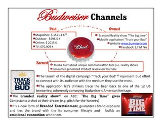 Budweiser Channels
                        "    Magazines:	
  $	
  1551.1	
  K29	
                               "  	
  Branded	
  Reality	
  show	
  “ The	
  big	
  Kme”	
  
                        "     Outdoor:	
  	
  $598.5	
  K	
                                     "  Mobile	
  applicaKon	
  “ Truck	
  your	
  Bud”	
  
                        "      Online:	
  $	
  2015	
  K	
                                              " Website	
  www.buweiser.com	
  
                                                                                                              
                        "       TV:	
  $70,909	
  K	
                                                               " Facebook	
  1.7	
  M	
  fan	
  
                                                                                                                       



                                            "  	
  Media	
  buzz	
  about	
  unique	
  communicaKon	
  tool	
  (i.e.	
  reality	
  show)	
  
                                            "  Consumer	
  generated	
  Product	
  review	
  on	
  YouTube	
  

                             "  The	
   launch	
   of	
   the	
   digital	
   campaign	
   “ Track	
   your	
   Bud”30	
   represent	
   Bud	
   eﬀort	
  
                             to	
  connect	
  with	
  its	
  audience	
  with	
  the	
  medium	
  they	
  use	
  the	
  most.	
  
                             "  The	
   applicaKon	
   let’s	
   drinkers	
   trace	
   the	
   beer	
   back	
   to	
   one	
   of	
   the	
   12	
   US	
  
                             breweries;	
  coherently	
  conveying	
  Budweiser’s	
  American	
  heritage.	
  	
  
"  The	
   branded reality show31 on	
   ABC: “The Big Time” gives
Contestants	
  a	
  shot	
  at	
  their	
  dream	
  (e.g.	
  pitch	
  for	
  the	
  Yankees)	
  
"  It’s	
  a	
  new	
  form	
  of	
  Branded Entertainment,	
  guarantees	
  brand	
  exposure	
  
and	
   Kes	
   the	
   brand	
   with	
   the	
   its	
   consumer	
   lifestyle	
   and	
   	
   builds	
   an	
  
emotional connection with	
  them.
 