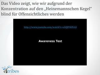 Das Video zeigt, wie wir aufgrund der
Konzentration auf den „Heinemannschen Kegel“
blind für Offensichtliches werden

           http://www.youtube.com/watch?v=oSQJP40PcGI
 